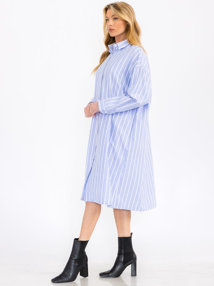 WOMEN'S LONG SLEEVE BUTTON UP DTRIPES TUNIC MIDI DRESS