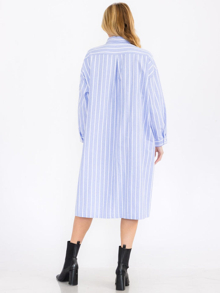 WOMEN'S LONG SLEEVE BUTTON UP DTRIPES TUNIC MIDI DRESS