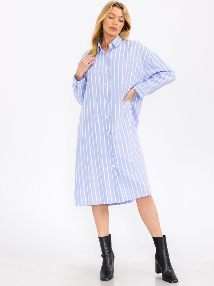 WOMEN'S LONG SLEEVE BUTTON UP DTRIPES TUNIC MIDI DRESS