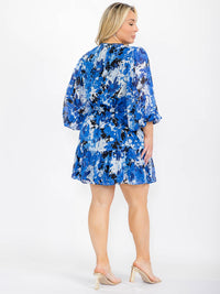 PLUS SIZE LONG SLEEVE ELASTIC WAIST FLORAL MINI DRESS