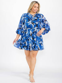 PLUS SIZE LONG SLEEVE ELASTIC WAIST FLORAL MINI DRESS