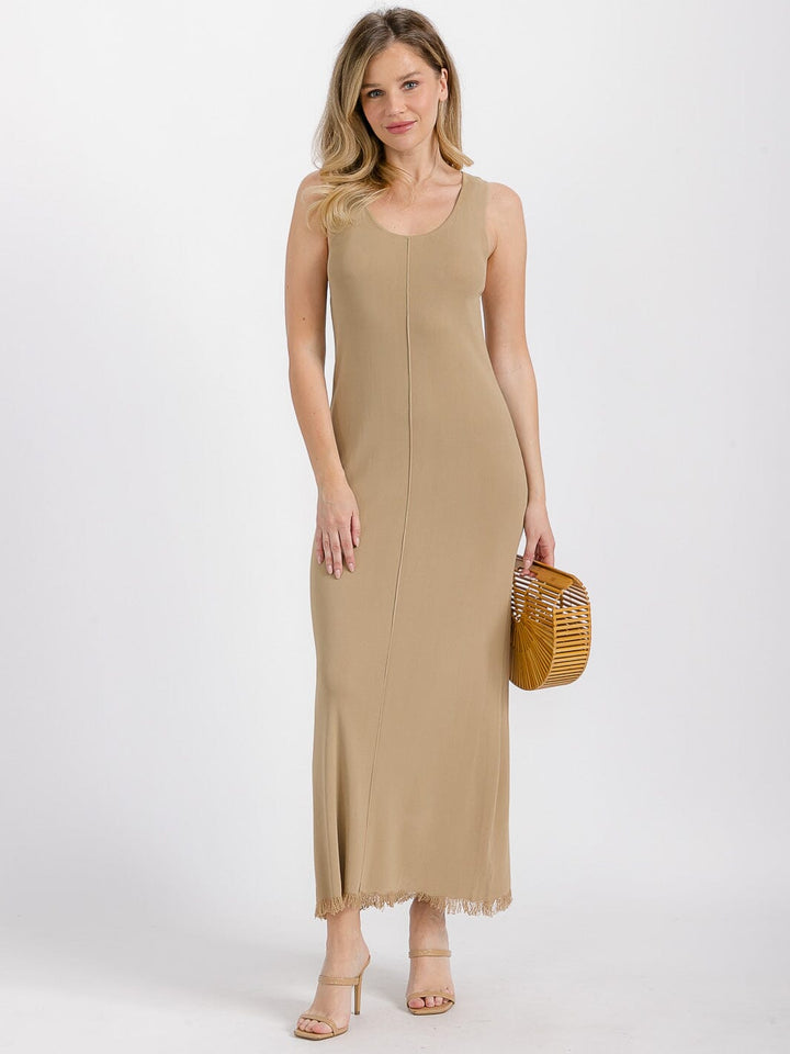 WOMEN'S SLEEVELESS RAW EDGE DETAILED BODYCON MAXI DRESS