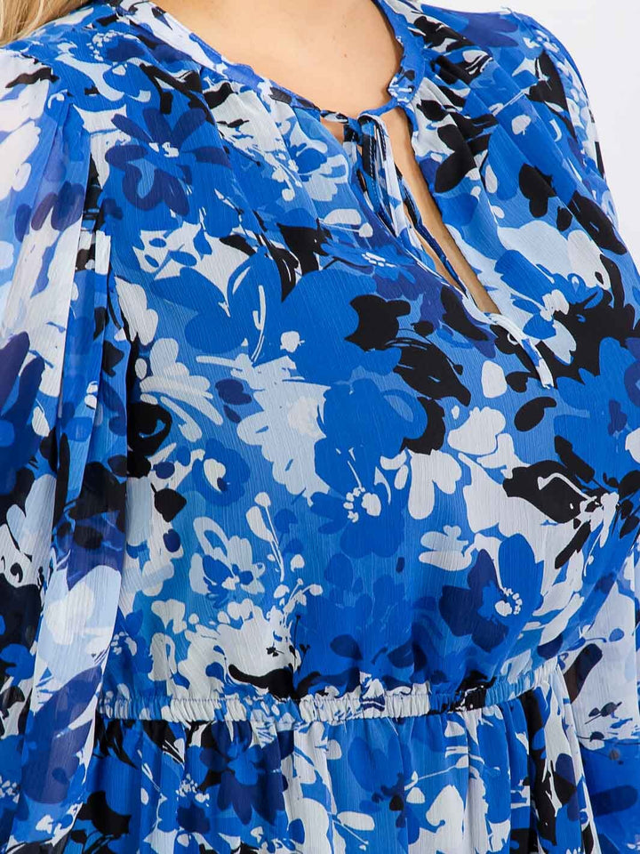 PLUS SIZE LONG SLEEVE ELASTIC WAIST FLORAL MINI DRESS