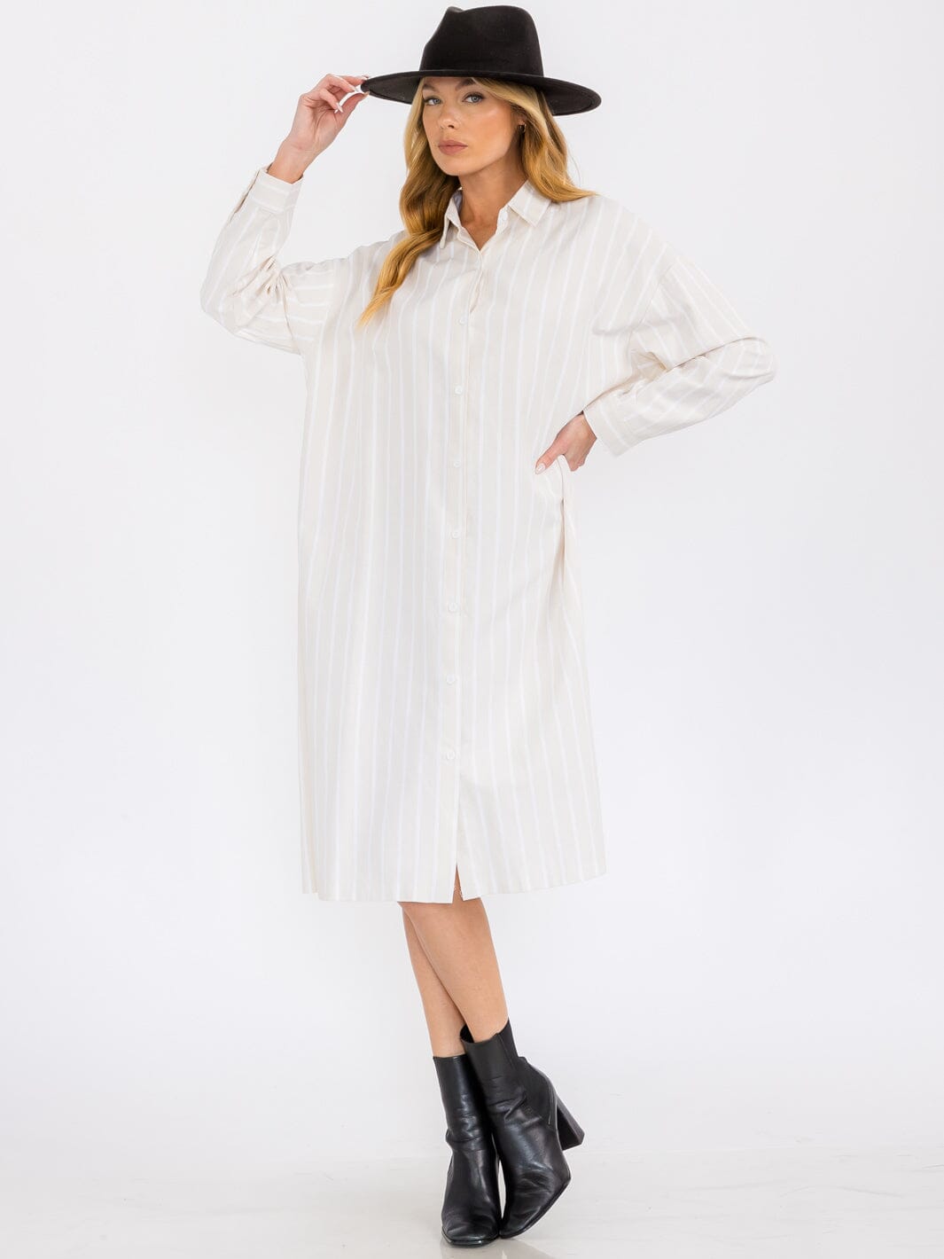 WOMEN'S LONG SLEEVE BUTTON UP DTRIPES TUNIC MIDI DRESS