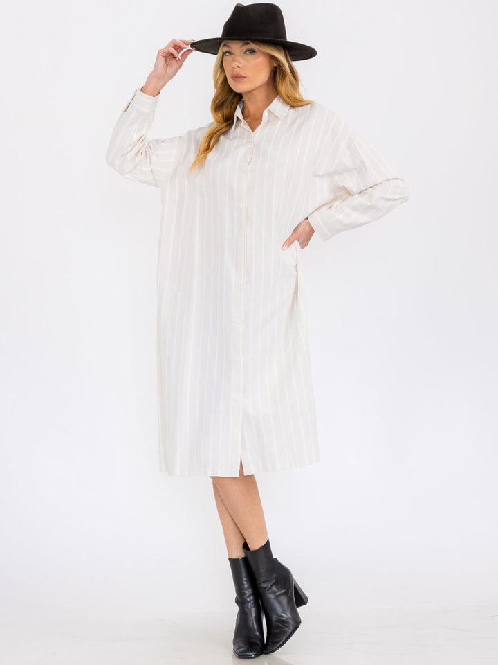 WOMEN'S LONG SLEEVE BUTTON UP DTRIPES TUNIC MIDI DRESS