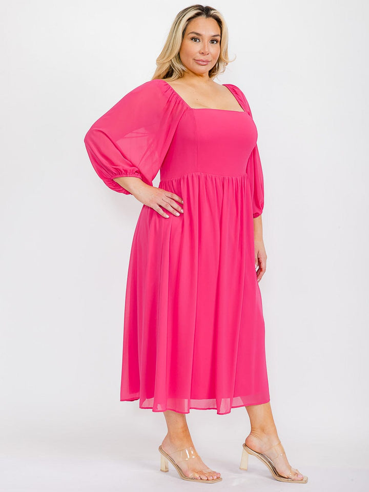 PLUS SIZE 3/4 SLEEVE SQUARE NECK SMOCK MAXI DRESS