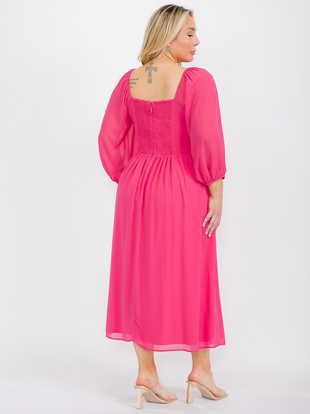 PLUS SIZE 3/4 SLEEVE SQUARE NECK SMOCK MAXI DRESS