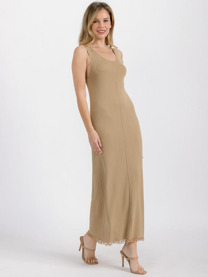 WOMEN'S SLEEVELESS RAW EDGE DETAILED BODYCON MAXI DRESS