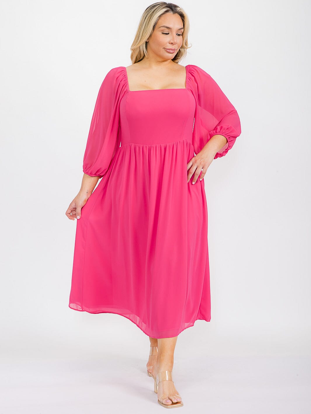 PLUS SIZE 3/4 SLEEVE SQUARE NECK SMOCK MAXI DRESS