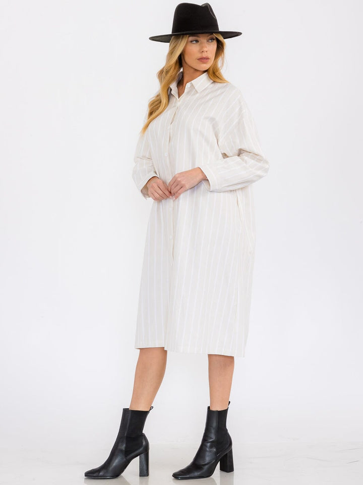 WOMEN'S LONG SLEEVE BUTTON UP DTRIPES TUNIC MIDI DRESS
