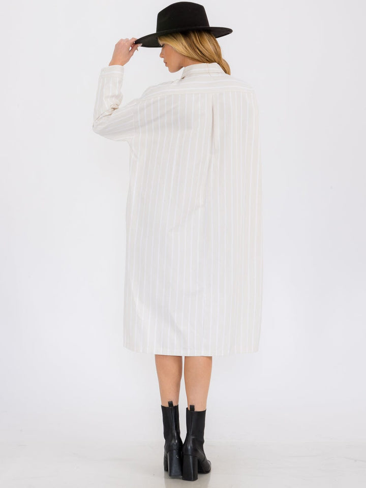 WOMEN'S LONG SLEEVE BUTTON UP DTRIPES TUNIC MIDI DRESS