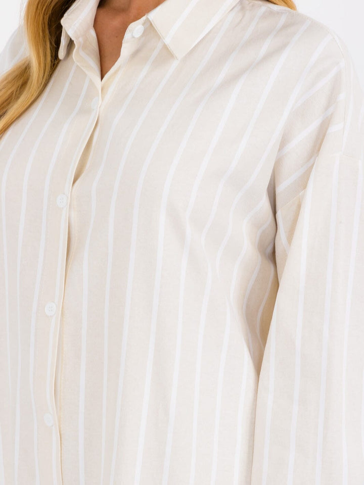 WOMEN'S LONG SLEEVE BUTTON UP DTRIPES TUNIC MIDI DRESS