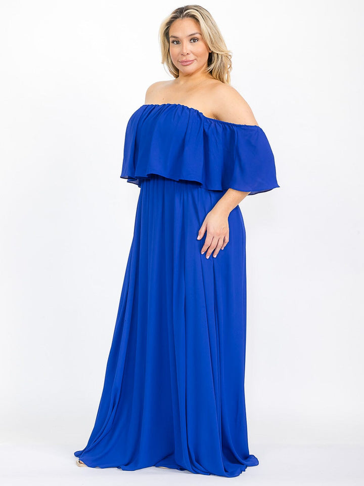 PLUS SIZE SHORT SLEEVE OFF SHOULDER ELASTIC WAIST MAXI DRESS