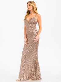 WOMEN'S SLEEVELESS V-NECK OPEN BACK SEQUINS GOWN MAXI DRESS
