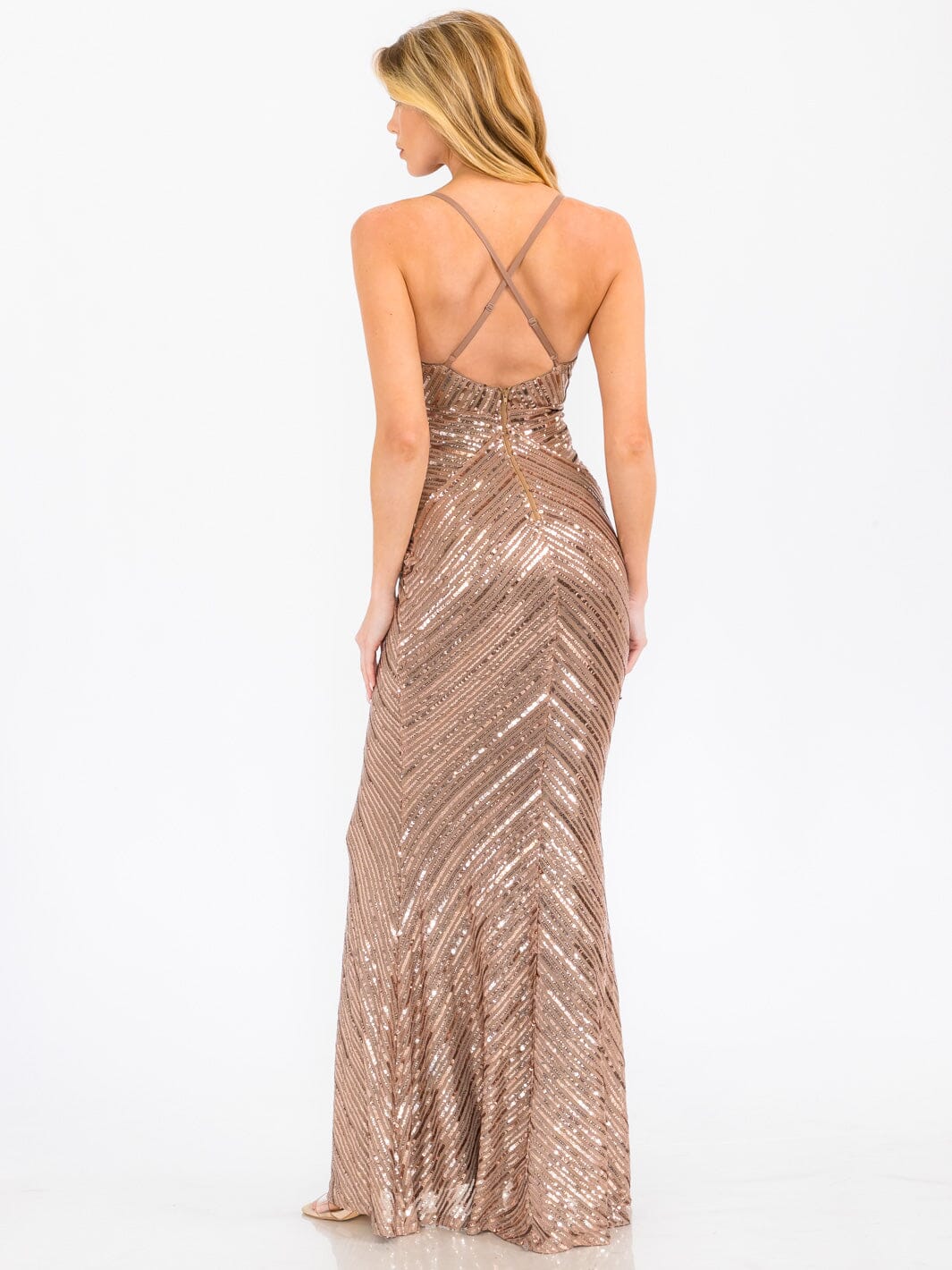 WOMEN'S SLEEVELESS V-NECK OPEN BACK SEQUINS GOWN MAXI DRESS