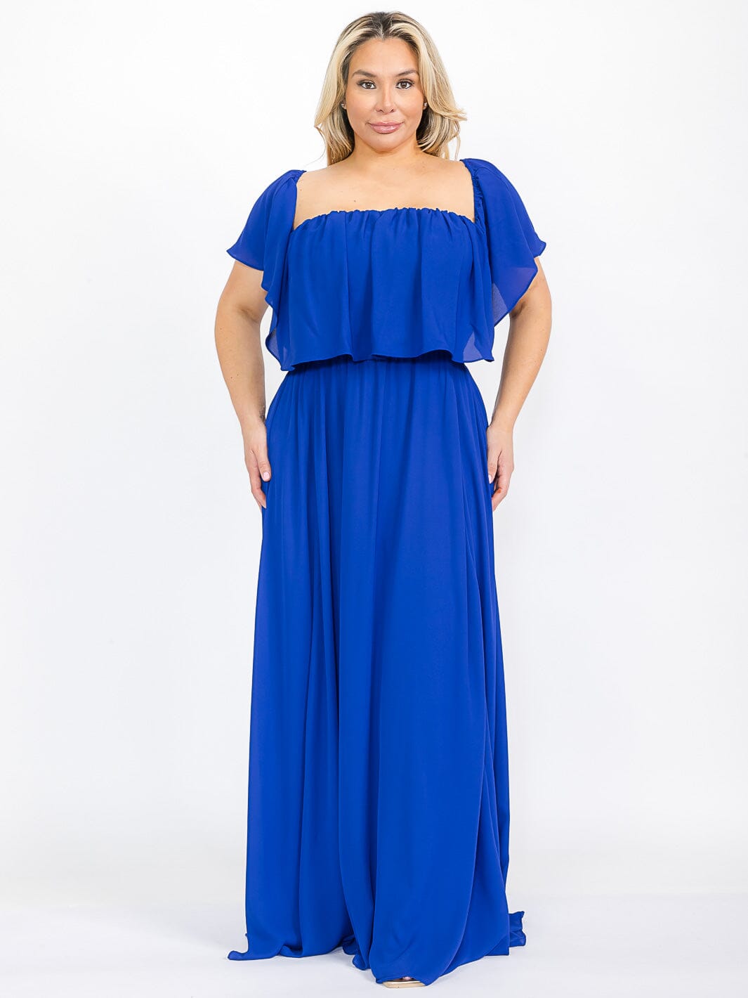 PLUS SIZE SHORT SLEEVE OFF SHOULDER ELASTIC WAIST MAXI DRESS