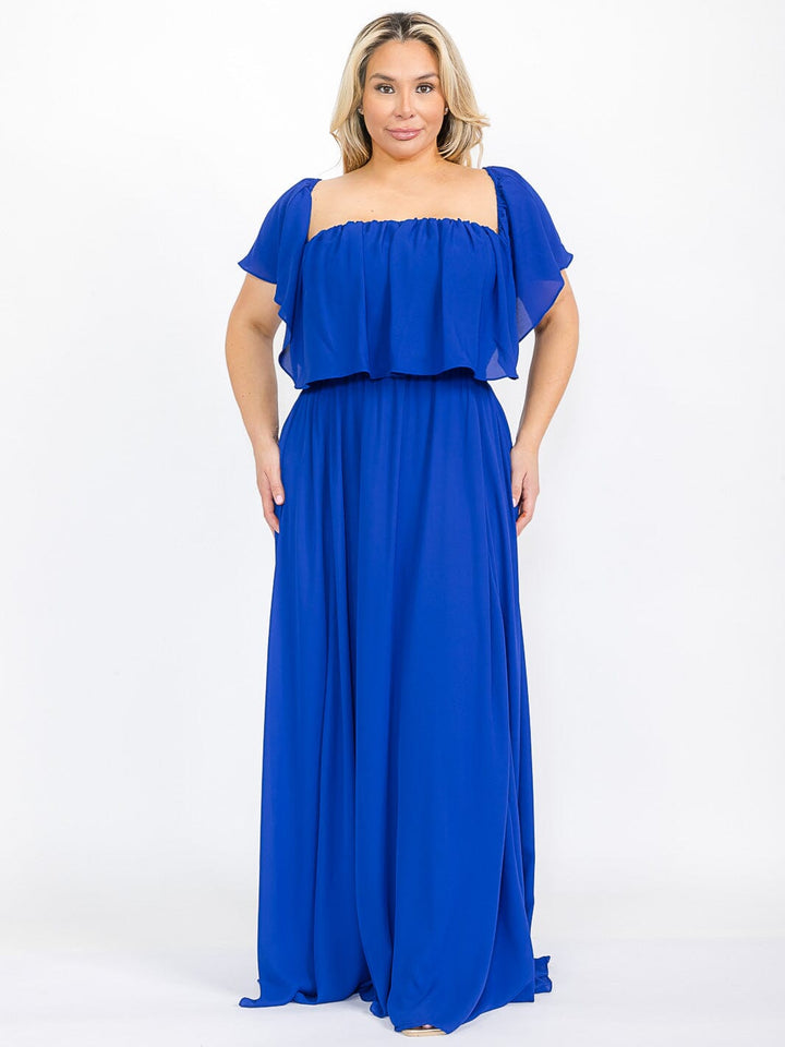 PLUS SIZE SHORT SLEEVE OFF SHOULDER ELASTIC WAIST MAXI DRESS