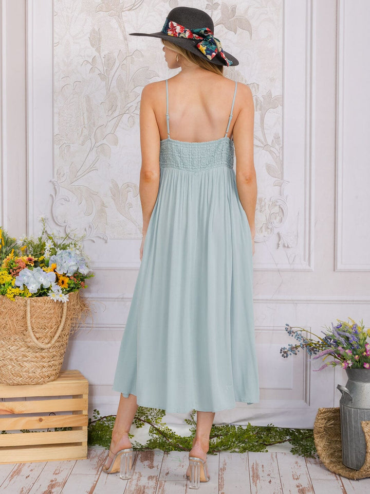 WOMEN'S SLEEVELESS FRONT POCKETS CROCHET DETAILED MAXI DRESS