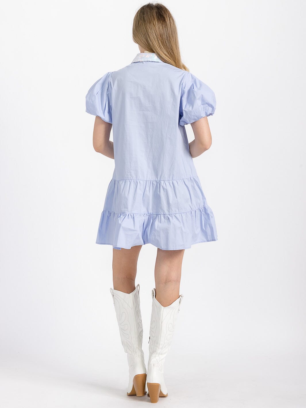 WOMEN'S SHORT PUFF SLEEVE POCKETS TIERED SEQUINS GRAPHIC MINI DRESS