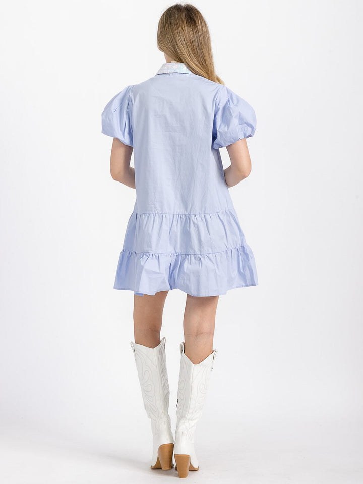 WOMEN'S SHORT PUFF SLEEVE POCKETS TIERED SEQUINS GRAPHIC MINI DRESS