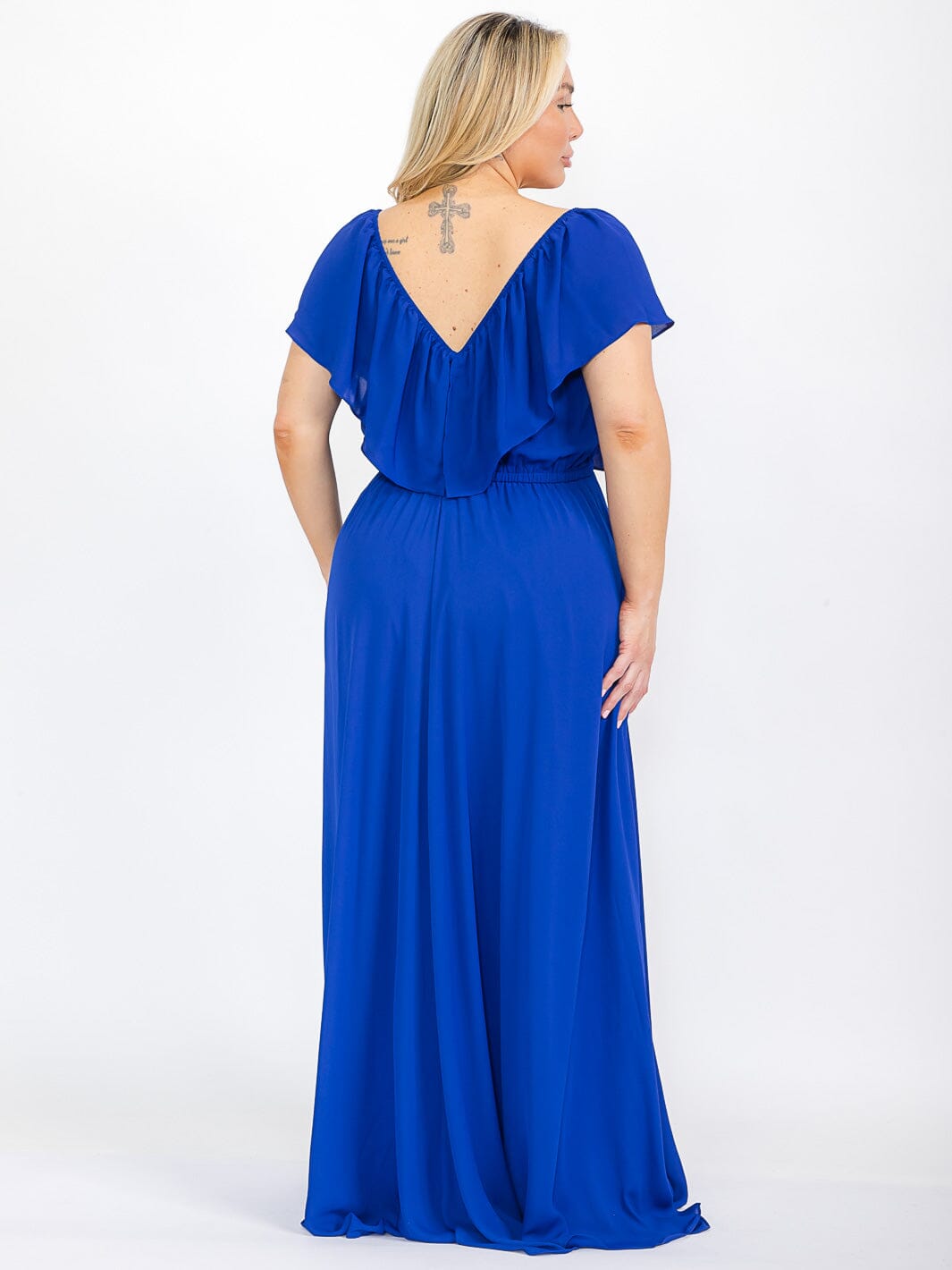 PLUS SIZE SHORT SLEEVE OFF SHOULDER ELASTIC WAIST MAXI DRESS