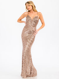 WOMEN'S SLEEVELESS V-NECK OPEN BACK SEQUINS GOWN MAXI DRESS