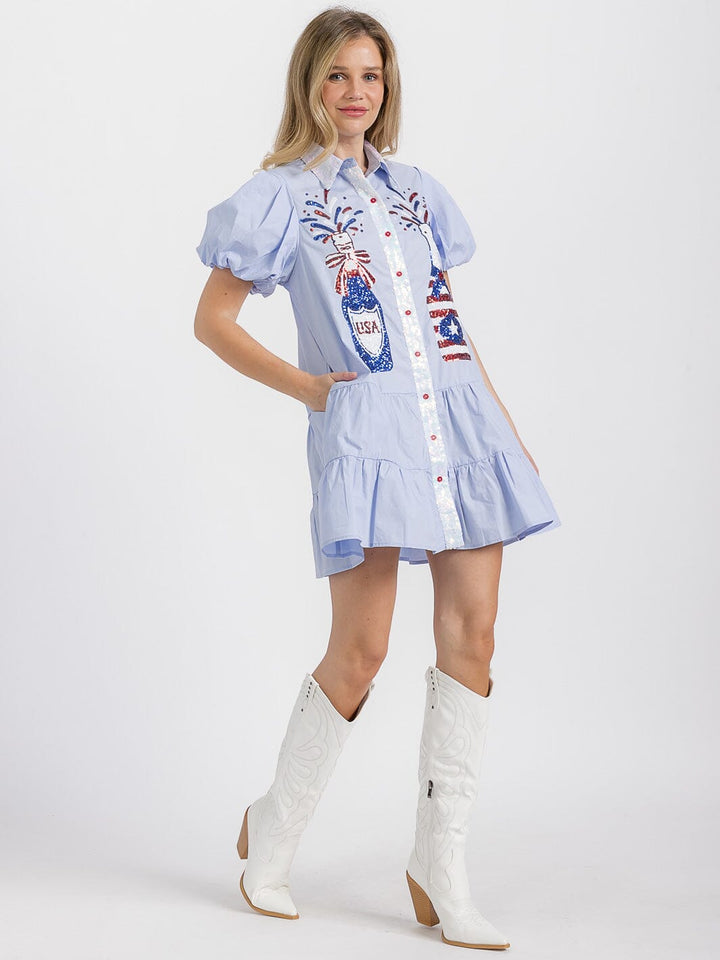 WOMEN'S SHORT PUFF SLEEVE POCKETS TIERED SEQUINS GRAPHIC MINI DRESS