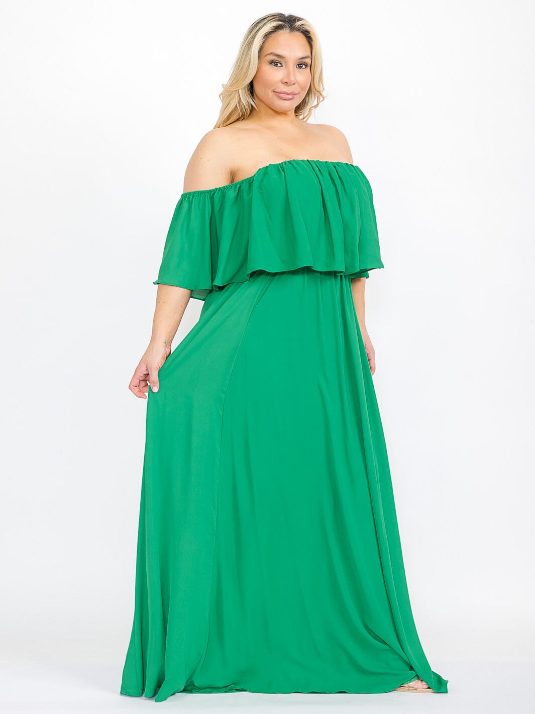 PLUS SIZE SHORT SLEEVE OFF SHOULDER ELASTIC WAIST MAXI DRESS