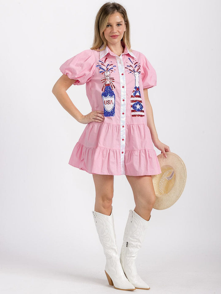 WOMEN'S SHORT PUFF SLEEVE POCKETS TIERED SEQUINS GRAPHIC MINI DRESS