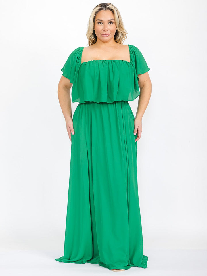 PLUS SIZE SHORT SLEEVE OFF SHOULDER ELASTIC WAIST MAXI DRESS