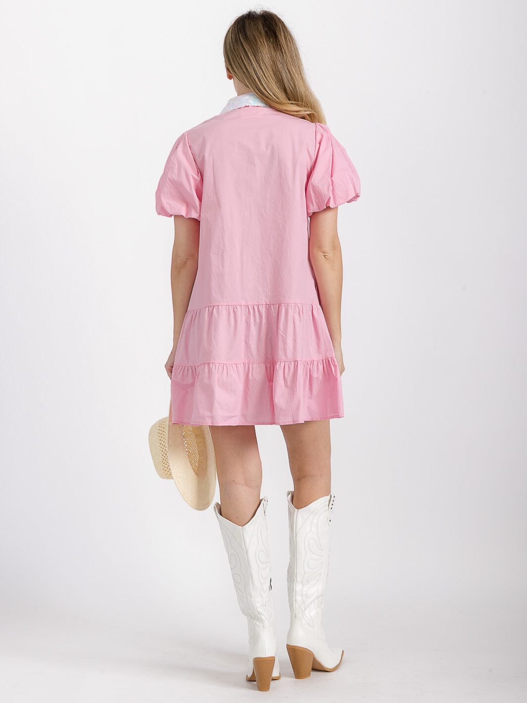 WOMEN'S SHORT PUFF SLEEVE POCKETS TIERED SEQUINS GRAPHIC MINI DRESS