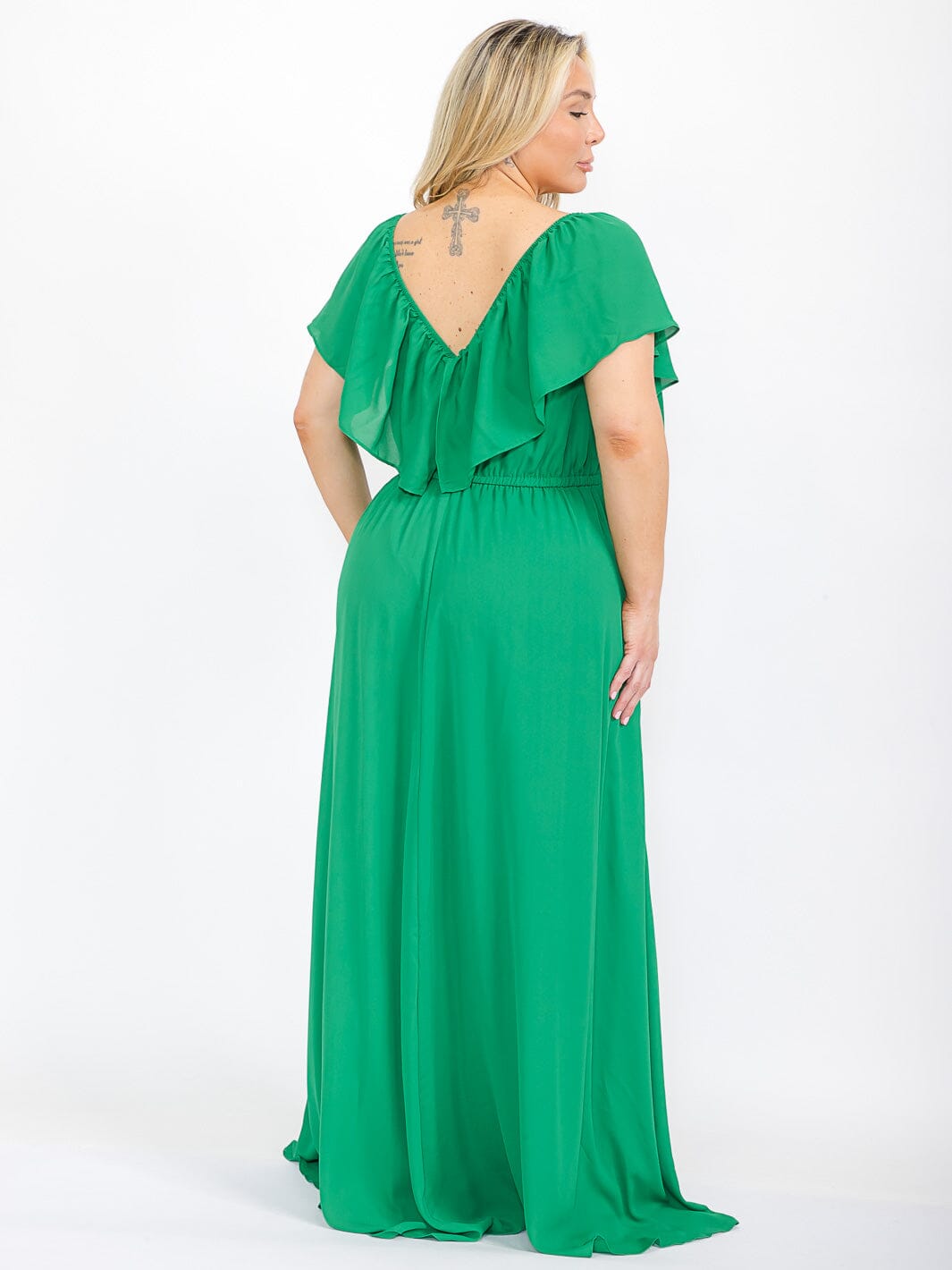 PLUS SIZE SHORT SLEEVE OFF SHOULDER ELASTIC WAIST MAXI DRESS