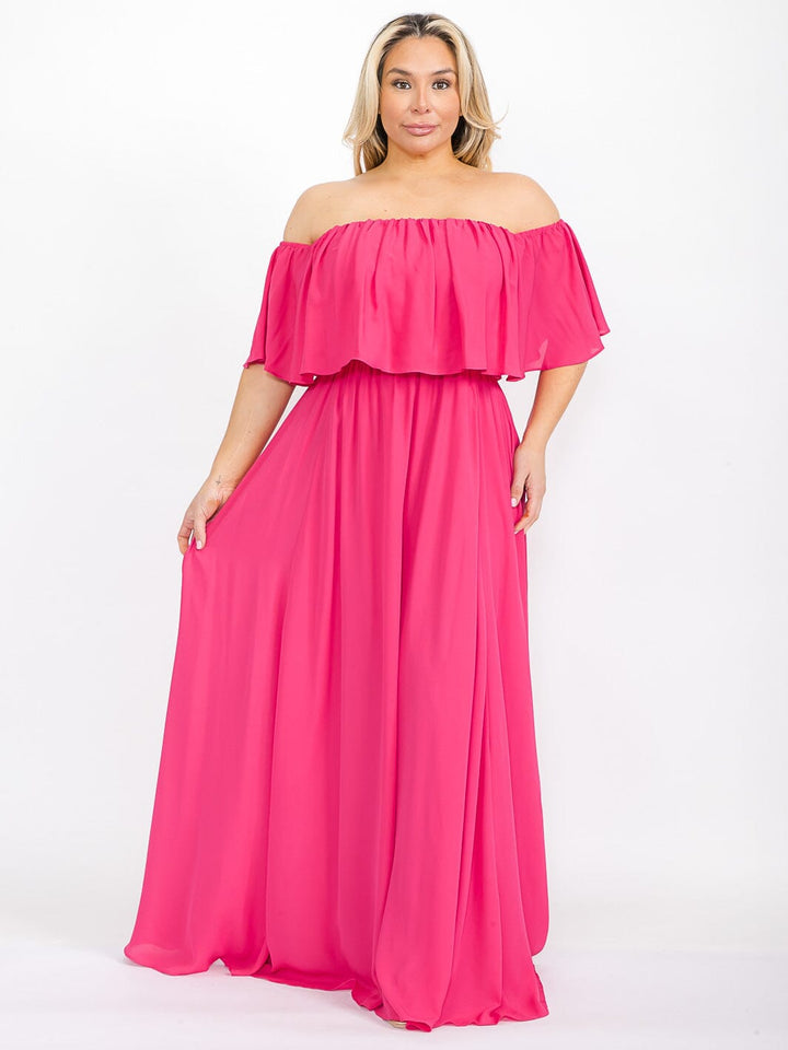PLUS SIZE SHORT SLEEVE OFF SHOULDER ELASTIC WAIST MAXI DRESS