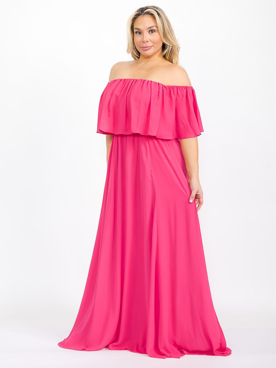 PLUS SIZE SHORT SLEEVE OFF SHOULDER ELASTIC WAIST MAXI DRESS
