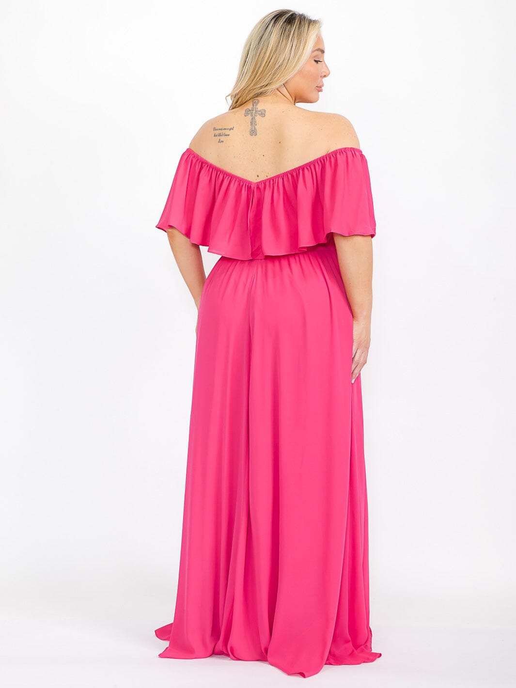 PLUS SIZE SHORT SLEEVE OFF SHOULDER ELASTIC WAIST MAXI DRESS