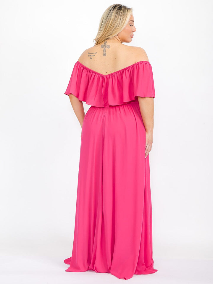 PLUS SIZE SHORT SLEEVE OFF SHOULDER ELASTIC WAIST MAXI DRESS