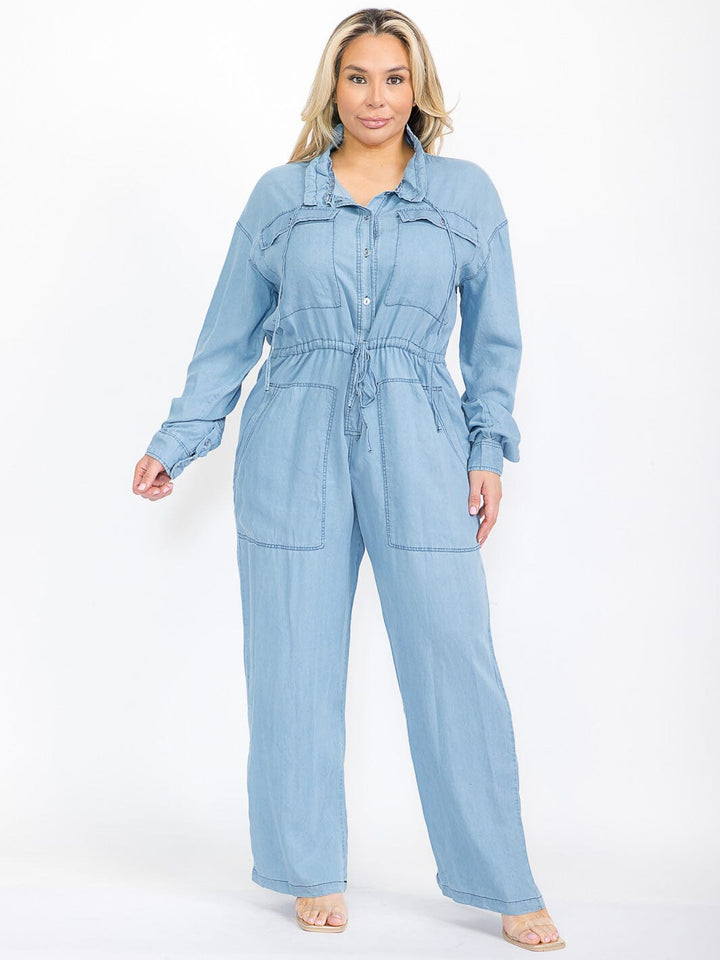 PLUS SIZE LONG SLEEVE BUTTON UP POCKETS CHAMBRAY WIDE LEG JUMPSUIT
