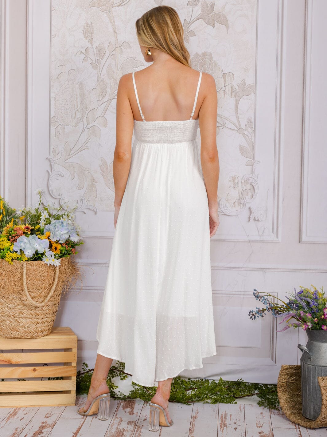 WOMEN'S SLEEVELESS FRONT POCKETS EMBROIDERY SWISS DETAILED MAXI DRESS