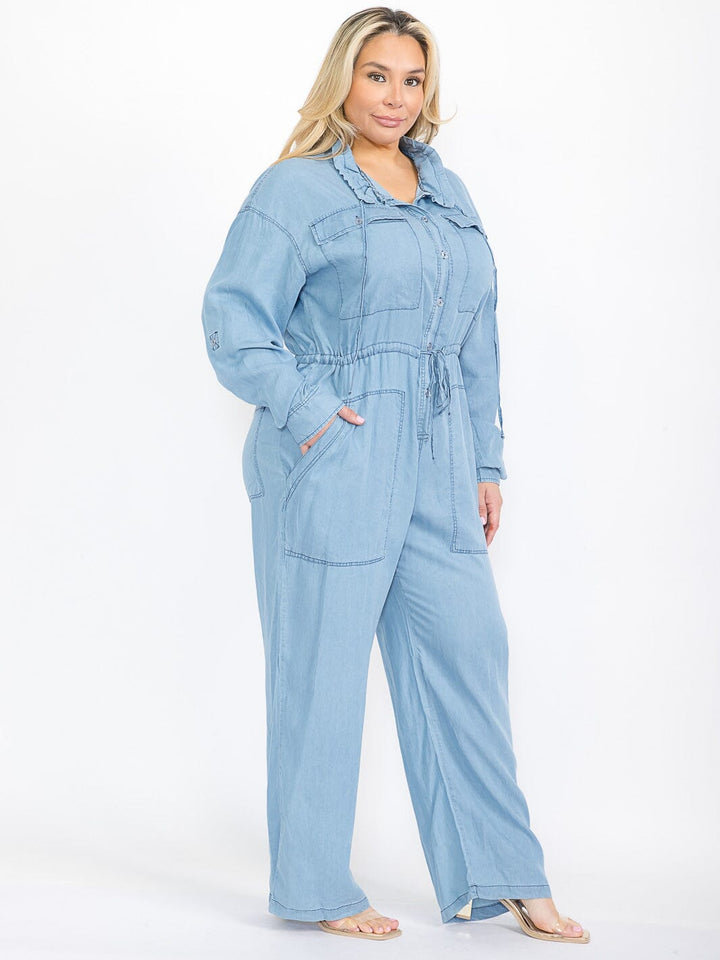 PLUS SIZE LONG SLEEVE BUTTON UP POCKETS CHAMBRAY WIDE LEG JUMPSUIT