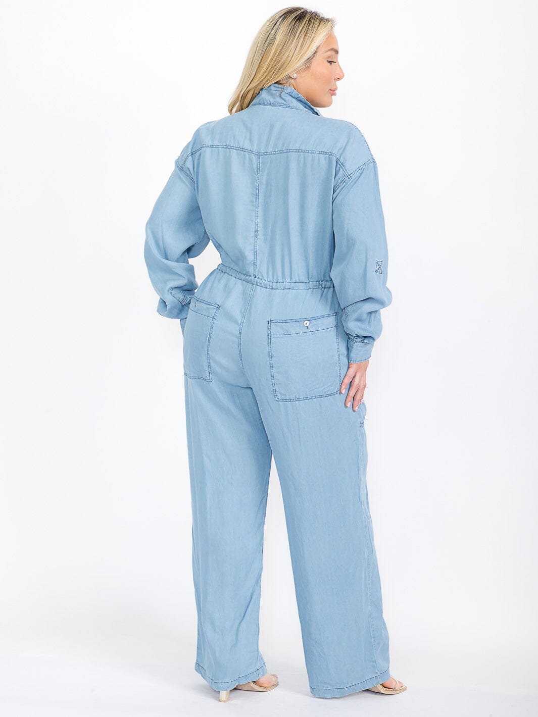 PLUS SIZE LONG SLEEVE BUTTON UP POCKETS CHAMBRAY WIDE LEG JUMPSUIT