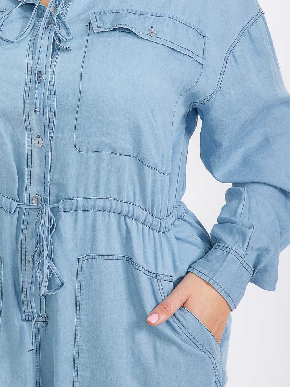 PLUS SIZE LONG SLEEVE BUTTON UP POCKETS CHAMBRAY WIDE LEG JUMPSUIT