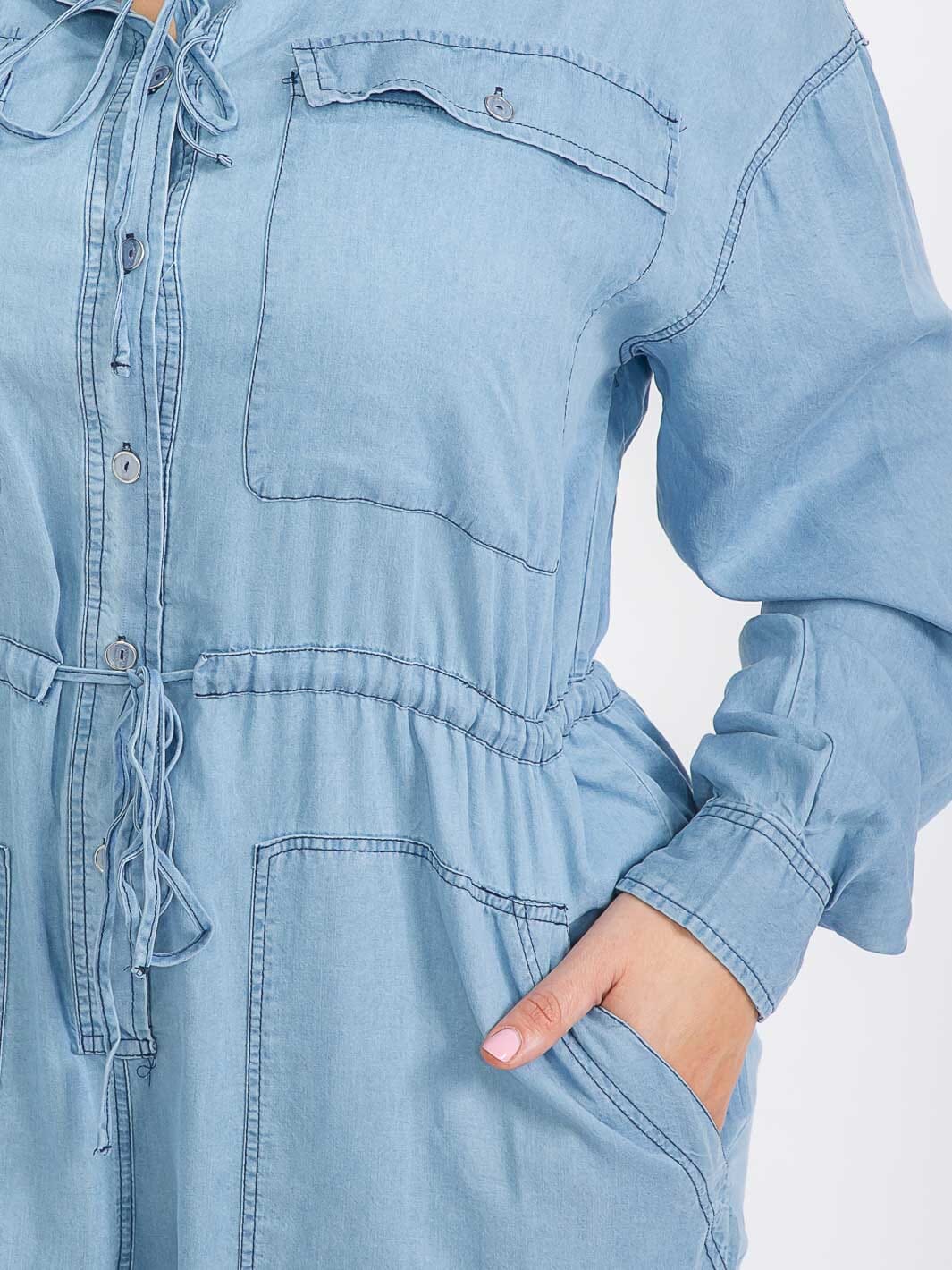 PLUS SIZE LONG SLEEVE BUTTON UP POCKETS CHAMBRAY WIDE LEG JUMPSUIT
