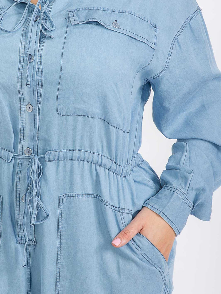 PLUS SIZE LONG SLEEVE BUTTON UP POCKETS CHAMBRAY WIDE LEG JUMPSUIT