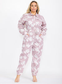PLUS SIZE LONG SLEEVE BUTTON UP SMOCK WAIST BELTED FLORAL PRINT JUMPSUIT
