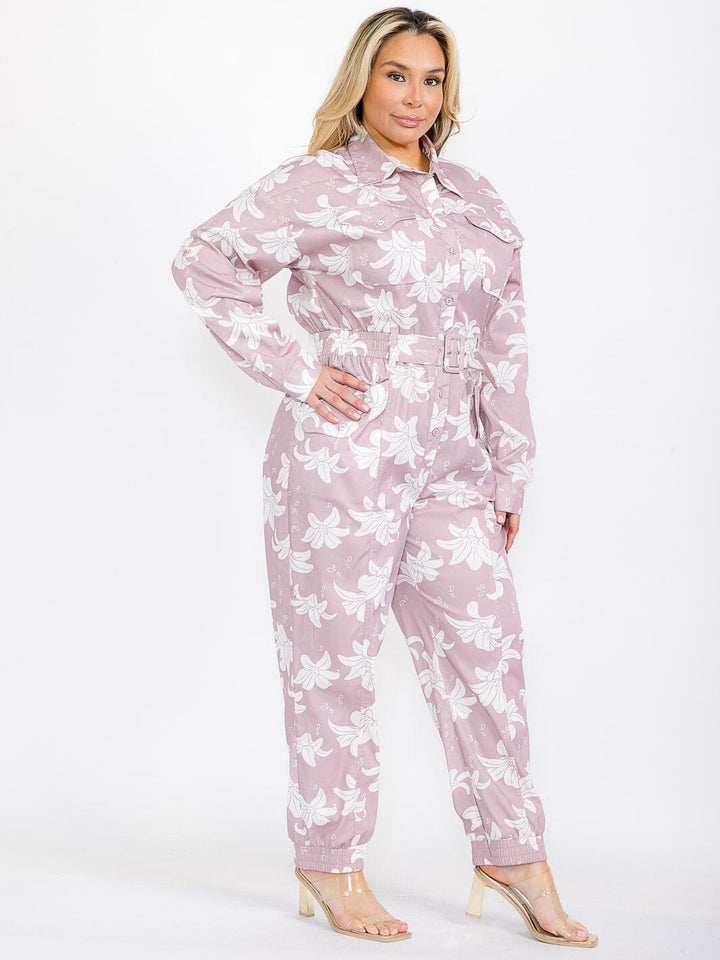 PLUS SIZE LONG SLEEVE BUTTON UP SMOCK WAIST BELTED FLORAL PRINT JUMPSUIT