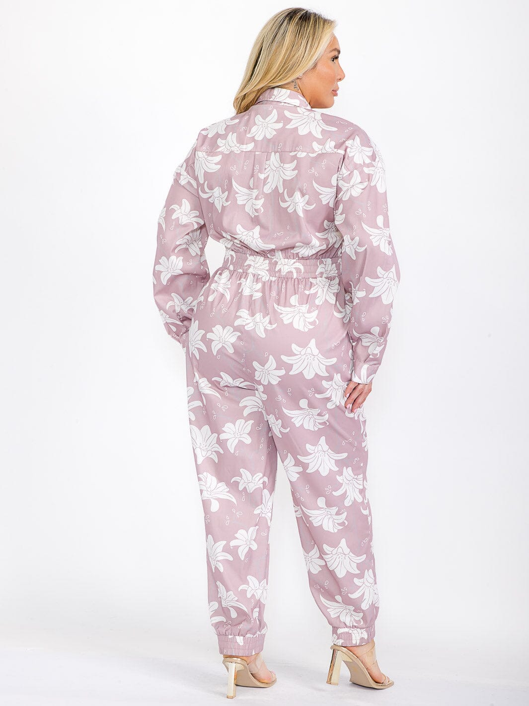 PLUS SIZE LONG SLEEVE BUTTON UP SMOCK WAIST BELTED FLORAL PRINT JUMPSUIT