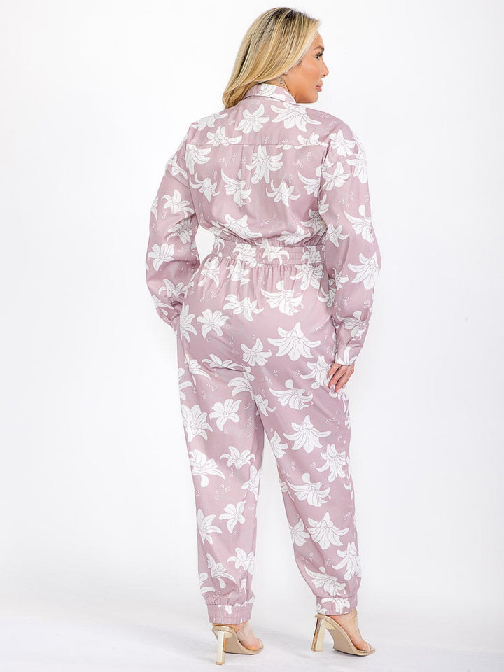 PLUS SIZE LONG SLEEVE BUTTON UP SMOCK WAIST BELTED FLORAL PRINT JUMPSUIT