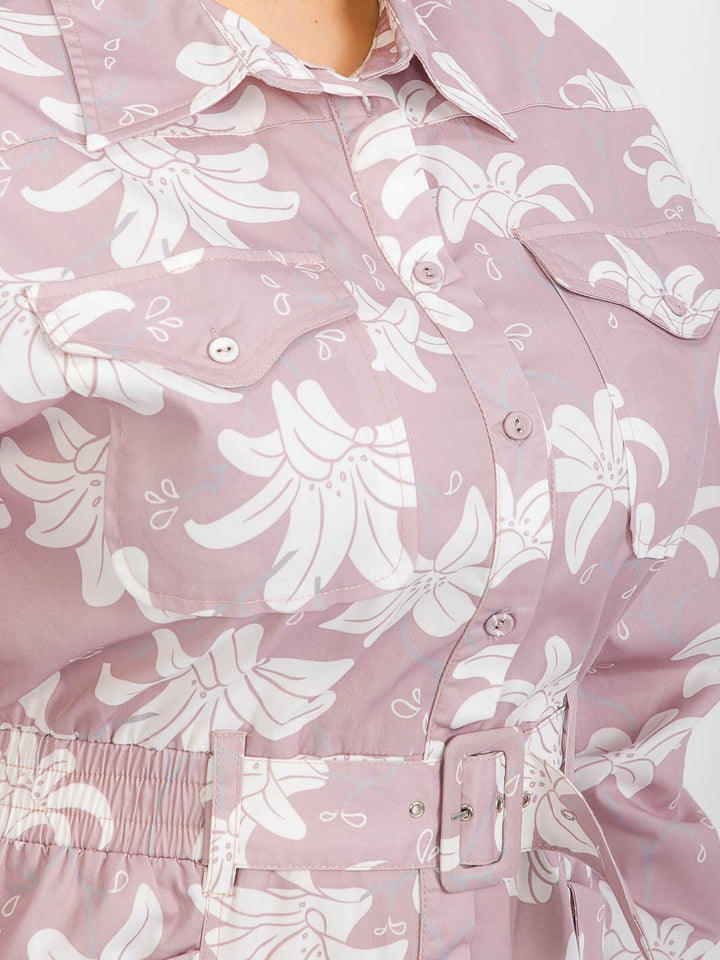 PLUS SIZE LONG SLEEVE BUTTON UP SMOCK WAIST BELTED FLORAL PRINT JUMPSUIT