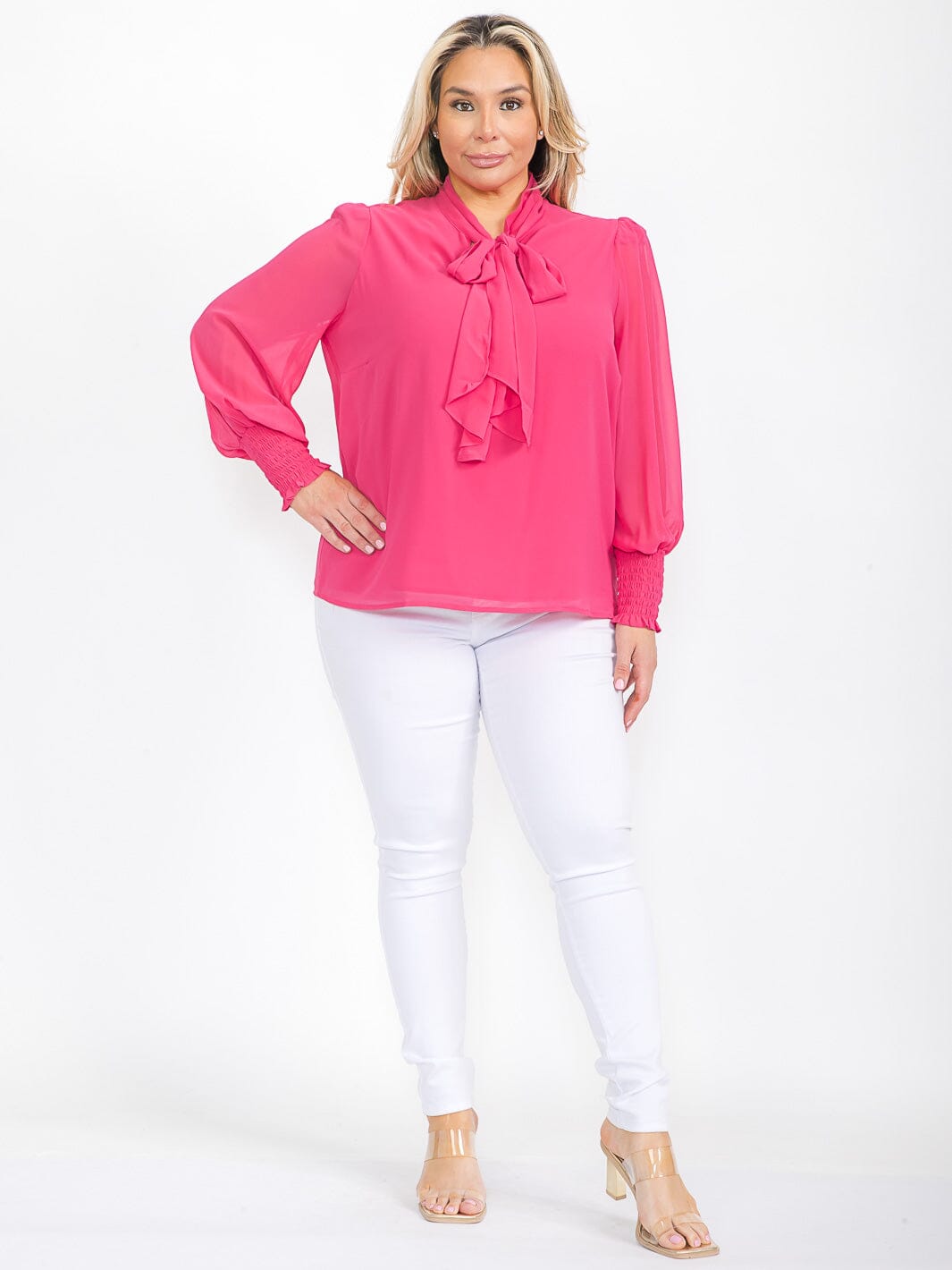 PLUS SIZE LONG SLEEVE NECK TIE SOLID BLOUSE