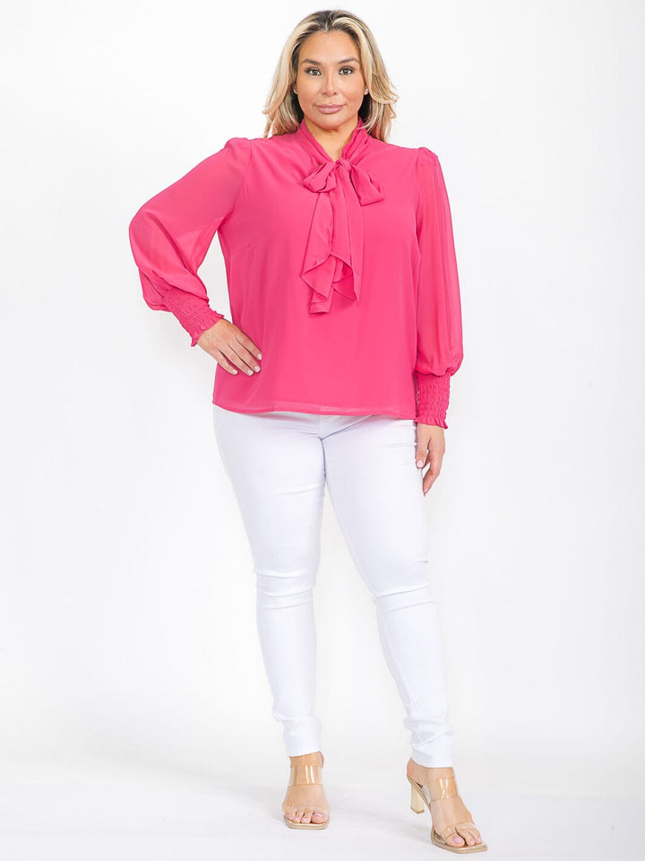 PLUS SIZE LONG SLEEVE NECK TIE SOLID BLOUSE